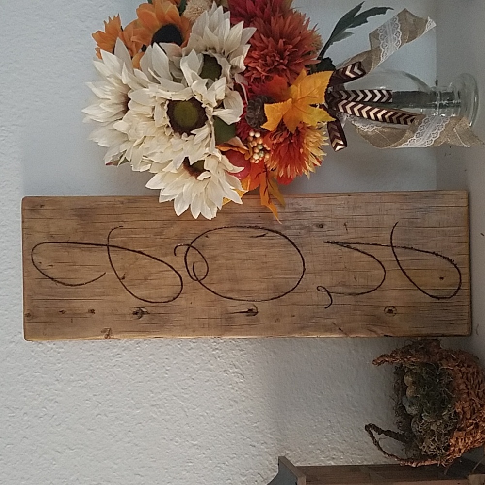 Wood sign made from reclaimed wood Joy inscribed in pyrography